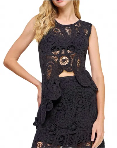Strut & Bolt Asymmetric Scalloped Crochet Top In Black