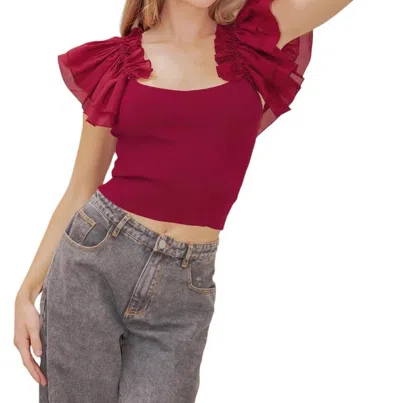 Strut & Bolt Back Tie Organza Sleeve Knit Top In Burgundy In White