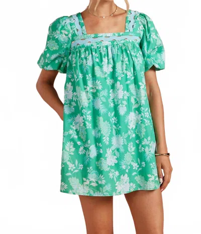 Strut & Bolt Botanical Garden Ric-rac Puff Sleeve Mini Dress In Green