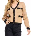 Strut & Bolt Color Block Bow Detail Knit Jacket In Tan/black In Neutral