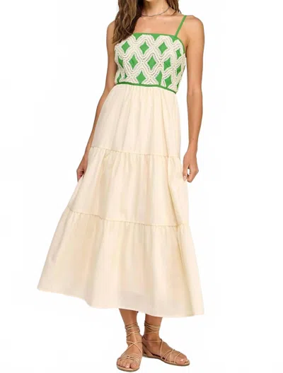 Strut & Bolt Contrast Diamond Crochet Midi Dress In Vibrant Green/cream In Multi
