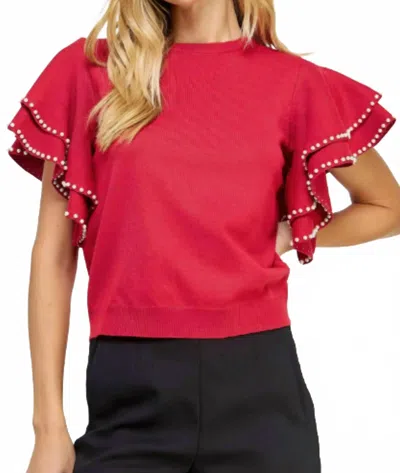 Strut & Bolt Double Layer Pearl Trim Knit Sweater Top In Red