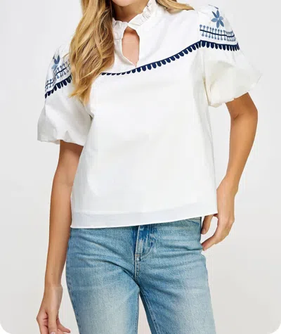 Strut & Bolt Embroidered Puff Sleeve Top In White