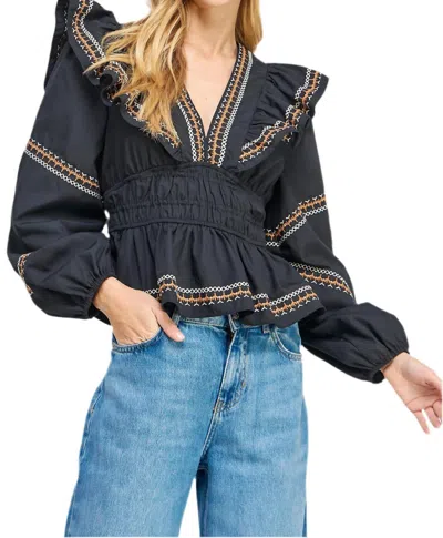 Strut & Bolt Embroidered Ruffle Top In Black