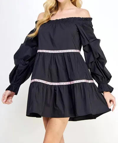 Strut & Bolt Embroidered Trim Off The Shoulder Tiered Mini Dress In Black/pink
