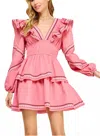Strut & Bolt Embroidery Ruffled Long Sleeve Tiered Mini Dress In Pink In Pink