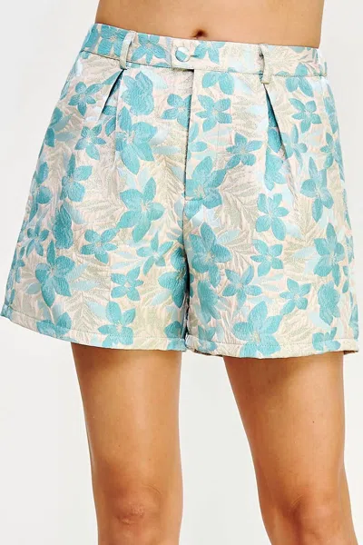 Strut & Bolt Floral Jacquard Front Pleat Shorts In Teal In Neutral