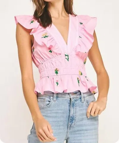 Strut & Bolt Flower Bouquet Embroidery Top In Pink
