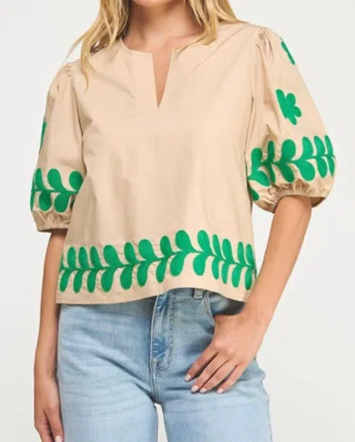 Strut & Bolt Flower Embroidered Top In Taupe/emerald In Multi