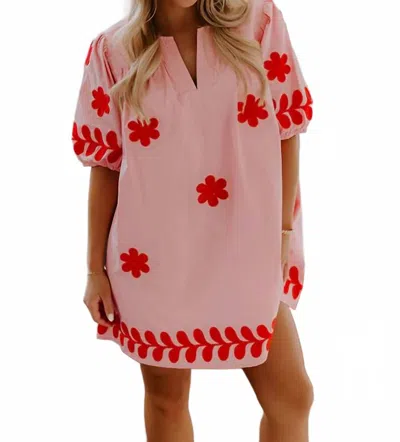 Strut & Bolt Flower Embroidery Cotton Mini Dress In Pink/red
