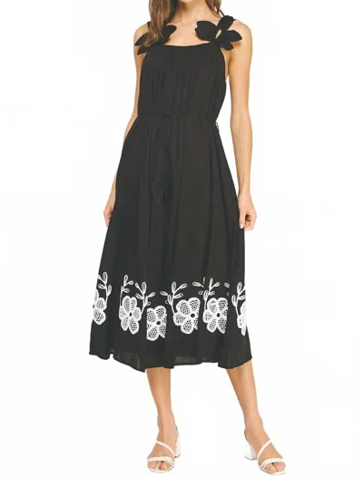 Strut & Bolt Flower Petal Detail Embroidered Linen Dress In Black