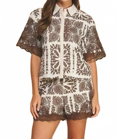 Strut & Bolt Geometric Leaf Print Embroidered Linen Shorts In Brown/ecru