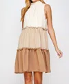 Strut & Bolt High Neck Sleeveless Tiered Mini Dress In Cream/ Taupe And Mocha