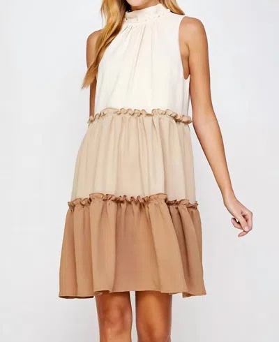 Strut & Bolt High Neck Sleeveless Tiered Mini Dress In Cream/ Taupe And Mocha