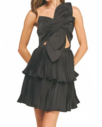 Strut & Bolt Knotted Flower Satin Pleated Mini Dress In Black