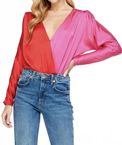 Strut & Bolt Koslow Crossover V-neck Two-tone Bodysuit In Red/fuchsia In Pink