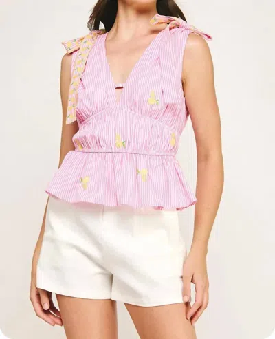 Strut & Bolt Lemon Embroidery Bow Strap Top In Pink Stripe