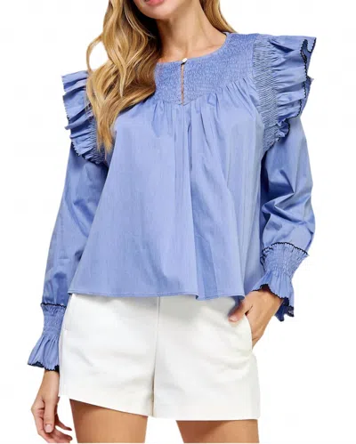 Strut & Bolt Long Sleeve Contrast Edge Ruffle Top In Blue