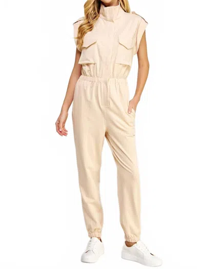 Strut & Bolt Mock Neck Sleeveless Jogger Jumpsuit In Ecru In Pink
