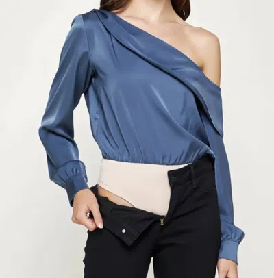 Strut & Bolt One Shoulder Satin Bodysuit In Blue
