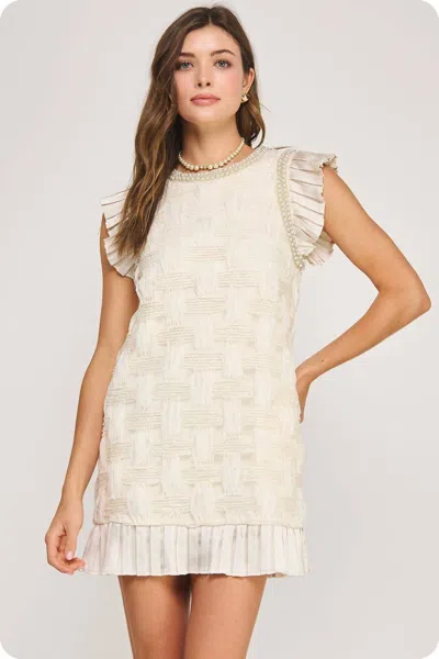 Strut & Bolt Pearl Trim Detail Textured Mini Dress In Champagne In White