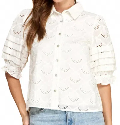Strut & Bolt Pintuck Eyelet Puff Sleeve Shirt Top In White