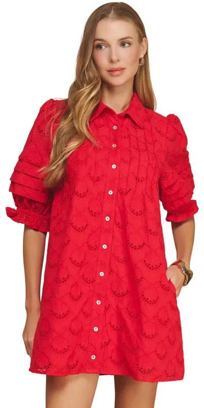 Strut & Bolt Pintuck Scalloped Eyelet Puff Sleeve Mini Shirt Dress In Red