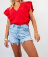 Strut & Bolt Pleated Cap Sleeve Ruffle Sweater In Red In Red