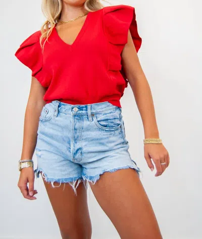 Strut & Bolt Pleated Cap Sleeve Ruffle Sweater In Red