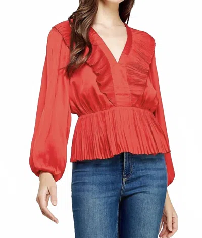 Strut & Bolt Pleated Satin Ruffle Peplum Top In Red