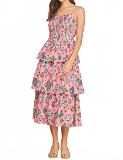 Strut & Bolt Printed Pintucked Tiered Midi Dress In Pink Multi