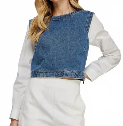 Strut & Bolt Quilted Denim Top With Popplin Sleeves In Blue