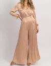 STRUT & BOLT SATIN LONGSLEEVE WIDE LEG JUMPSUIT IN NUDE