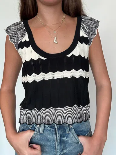Strut & Bolt Scalloped Pointelle Knit Top In Black/white In Multi