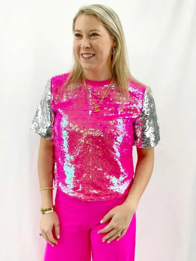 Strut & Bolt Sequin Crop Top In Fuchsia And Silver