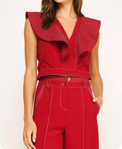 Strut & Bolt Stitch Ruffle Detail V-neck Top In Red