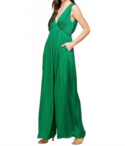 Strut & Bolt V-neck Shirred Sleeveless Satin Jumpsuit In Emerald In Green