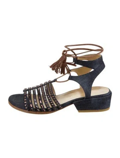 Pre-owned Stuart Lamprell Denim Tassel Accents Gladiator Sandals In Blue