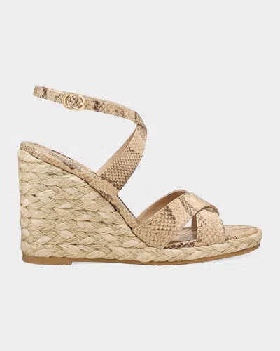 Stuart Weitzman 100mm Alyssa Snake-printed Leather Espadrille Wedge Sandals In Brown