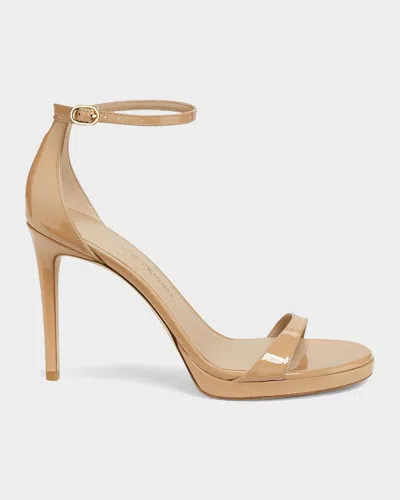 Stuart Weitzman 100mm Nudist Patent Leather Platform Sandals In Brown
