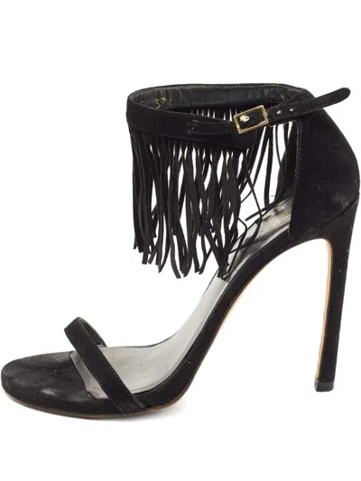 Pre-owned Stuart Weitzman 120mm Fringe Suede Sandals In Black