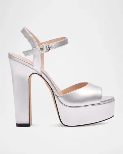 Stuart Weitzman 130mm Reade Metallic Leather Platform Sandals In Silver