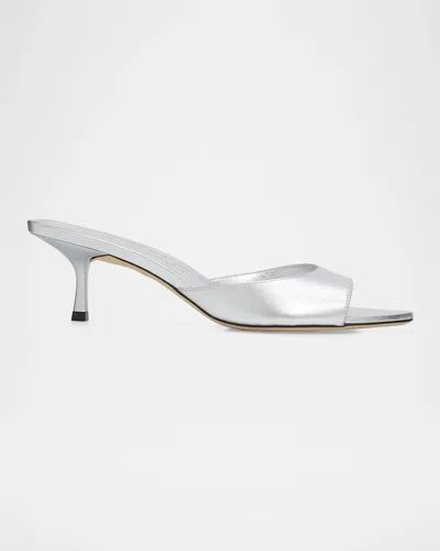 Stuart Weitzman 50mm Lexington Metallic Leather Mules In Silver