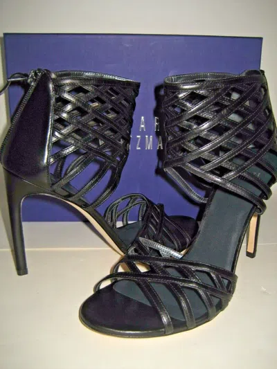 Pre-owned Stuart Weitzman $535 Box  Us 7.5 Cajun Woven Leather Sandals High Heels Shoes In Black