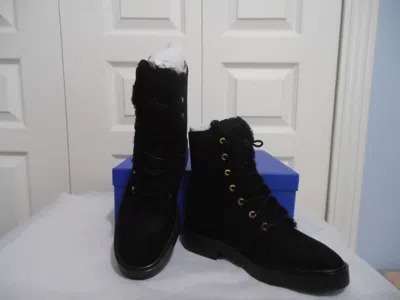 Pre-owned Stuart Weitzman $650 Henley Chill Suede & Shearling Combat Boots, Black, 6/6.5/7