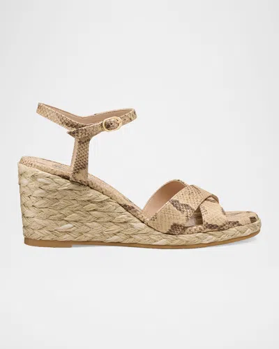 Stuart Weitzman 65mm Dayna Snake-printed Leather Espadrille Wedge Sandals In Brown