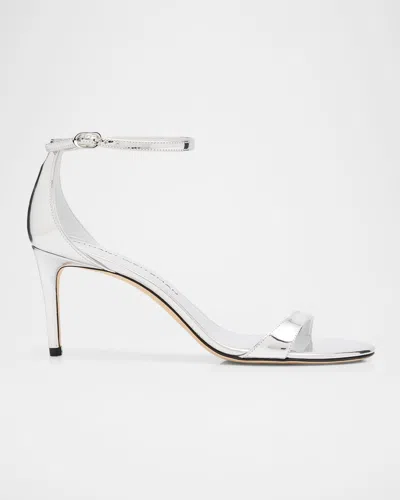 Stuart Weitzman 75mm Nudist Ii Metallic Leather Ankle-strap Sandals In Silver