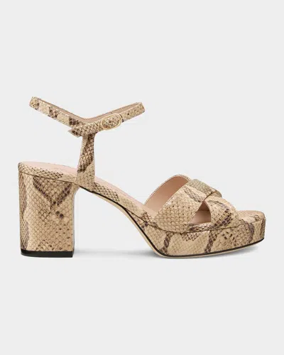 Stuart Weitzman 80mm Dayna Snake-embossed Leather Platform Sandals In Gold