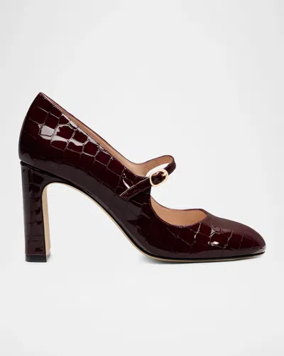 Stuart Weitzman 85mm Babette Croc-embossed Patent Leather Mary Jane Pumps In Burgundy