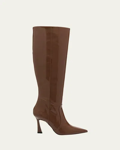 Stuart Weitzman 85mm Vinnie Patent Leather Knee-high Boots In Brown